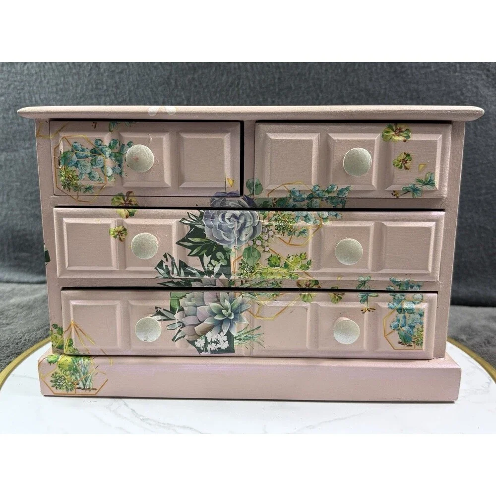 Vintage Wood Jewelry Box Hand Painted Decoupage Floral 4 Drawer Chest Organizer